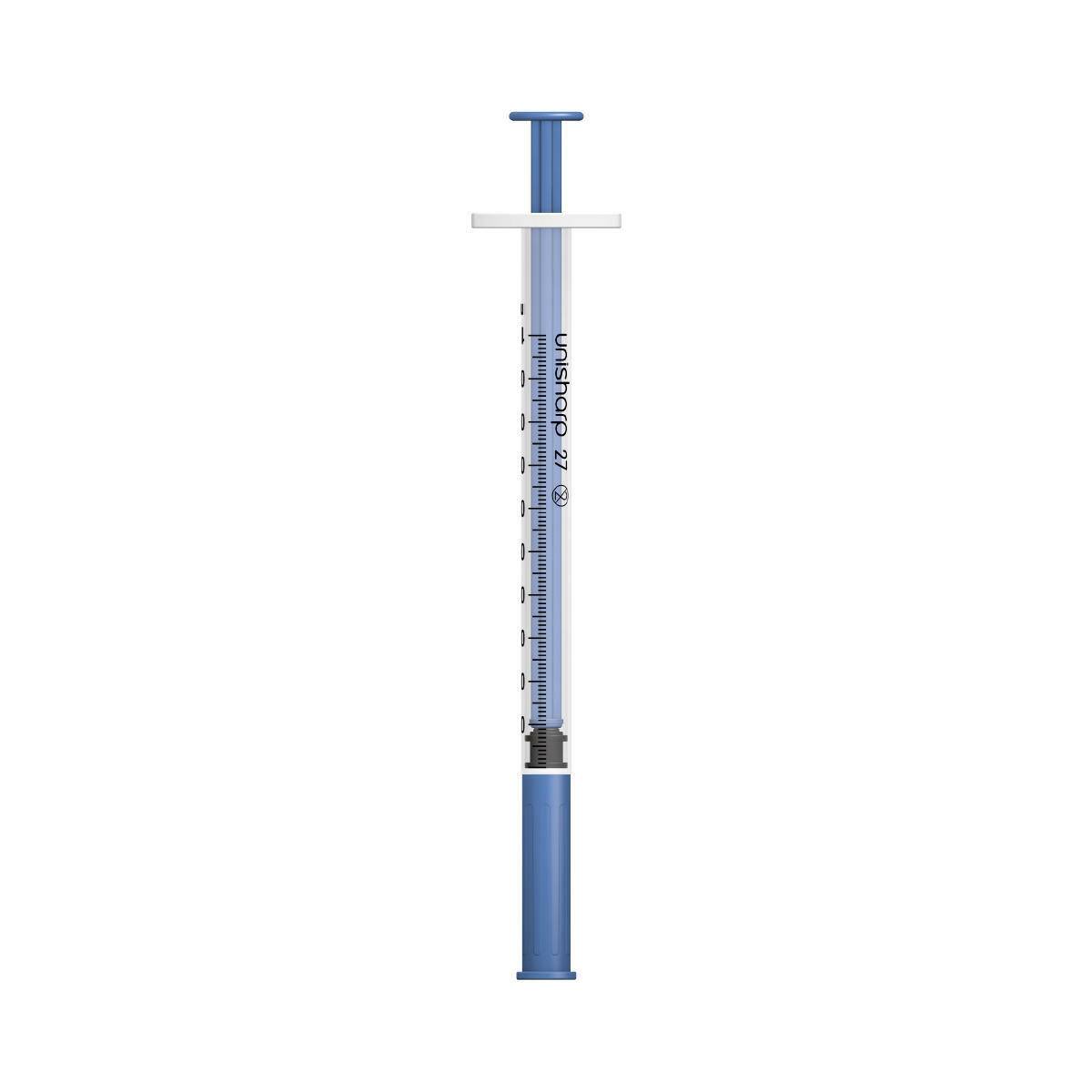 1 ml 0,5 inch 27 g blauwe Unisharp spuit en naald u100